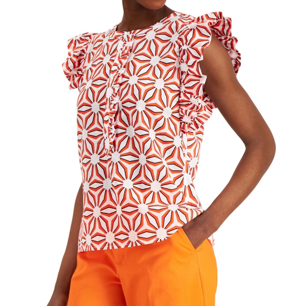 Charter Club Printed Ruffle Sleeve Bright White with Orange And Blue medium